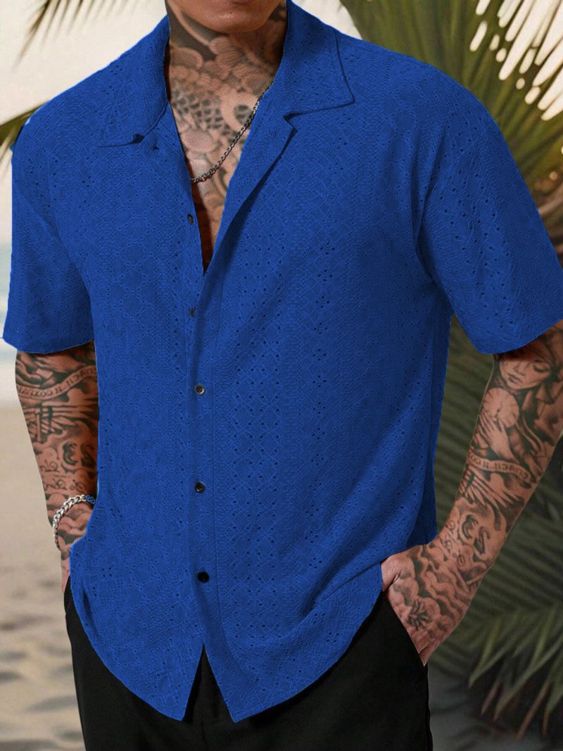 Camicia versatile a maniche corte da uomo, in jacquard traforato, per primavera ed estate_voghion.com