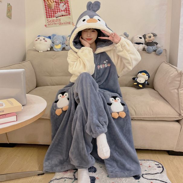 2024. gada ziemas pidžamas sieviešu sabiezēts jauns halāts flaneļa multfilmas kapučjakas vaļīgs mājas apģērbu komplekts_voghion.com