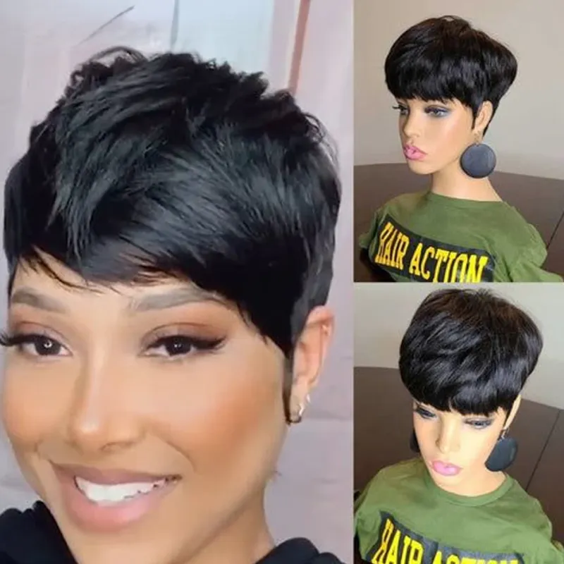 Pixie Cut perika Kratka ravna perika od ljudske kose za žene Potpuno strojno rađena perika 150% gustoća 6 inča_voghion.com
