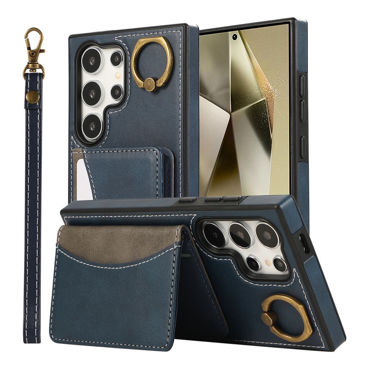 Brieftasche Kartensteckplatzhalter Handschlaufe Handyhülle für Galaxy S25 S24 S22 Ultra Plus S23 FE A16 A06 A15 A35 A55 Ring Lederhülle_voghion.com