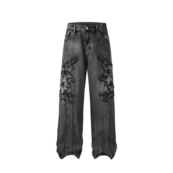 Herrenbekleidung Denim Applikation Stickerei Raw Edge Washed Distressed Jeans Herren High Street Retro Loose Wide Leg Hose_voghion.com