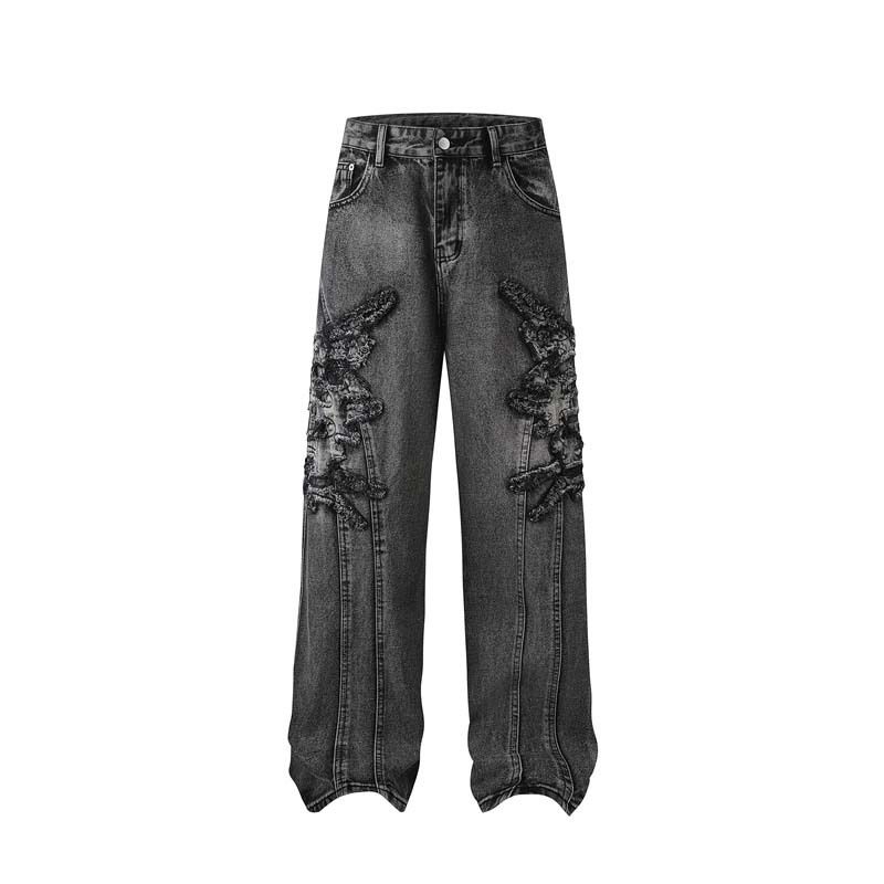 Abbigliamento maschile denim applique ricamo bordo grezzo lavato jeans usurati uomo high street retrò pantaloni larghi gamba larga_voghion.com