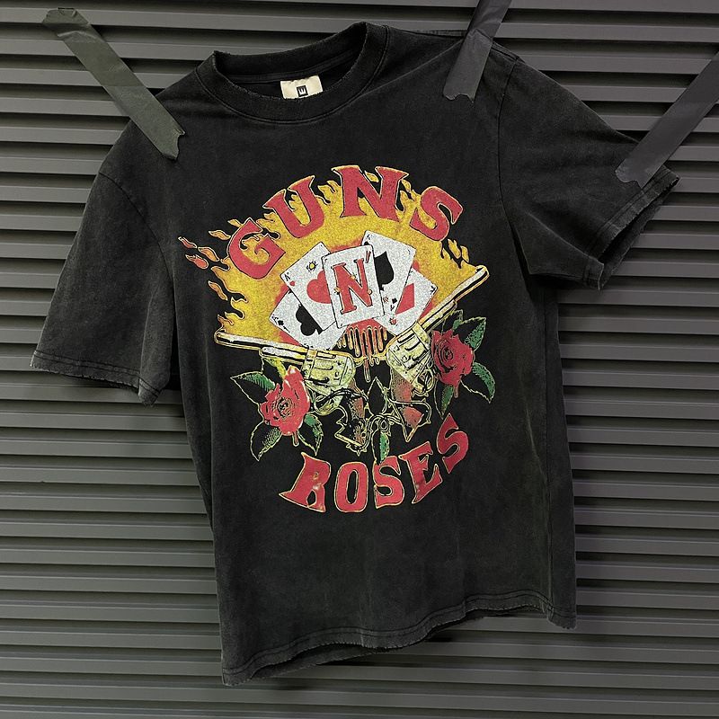 Silah Çiçek Grubu Oyun Kartları Kısa Kollu Bol Solmuş Yıpranmış Eskitilmiş Üst Rahat Tişört Erkek_voghion.com