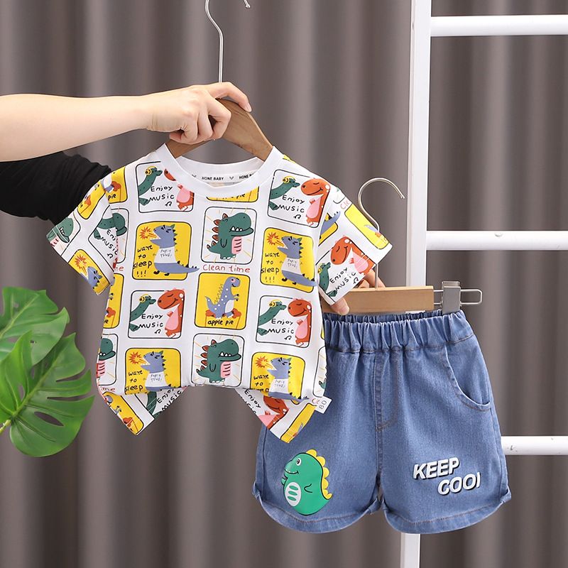 Costume d'été pour bébés, petits garçons de taille moyenne, ensemble deux pièces de short en denim fin à manches courtes de dessin animé pour nourrissons et enfants, nouvelle collection_voghion.com