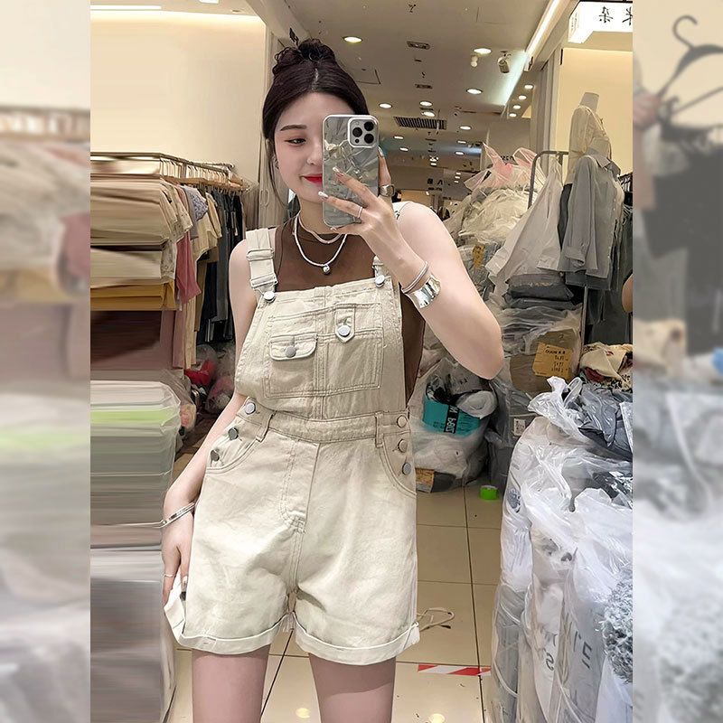 Gekräuselte gerade Röhre, Arbeitskleidung, Denim-Schulter für Frauen im Sommer, dünn, klein, altersreduzierender Overall, weites Bein, lässig_voghion.com