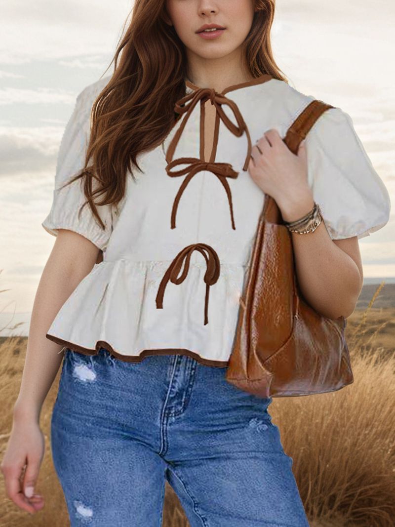 Camicia a maniche corte con fiocco retrò da donna_voghion.com