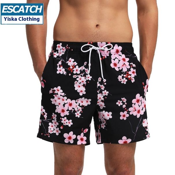 New Pink Peach Blossom Men's Quarterly Shorts Pocket Zipper Four Sided Elastic Casual Print Beach Pants_voghion.com