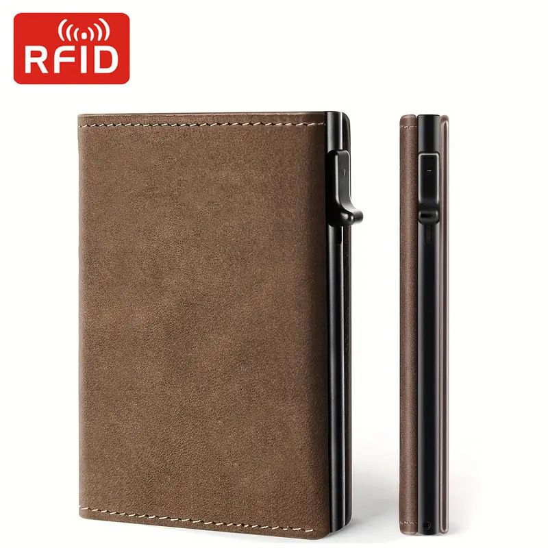 RFID Echt leren kaarthouder Drievoudig opvouwbaar herenportemonnee Aluminiumlegering kaarthouder Anti-diefstalborstel Anti-demagnetisatie Crazy Horse leren kaarthouder_voghion.com