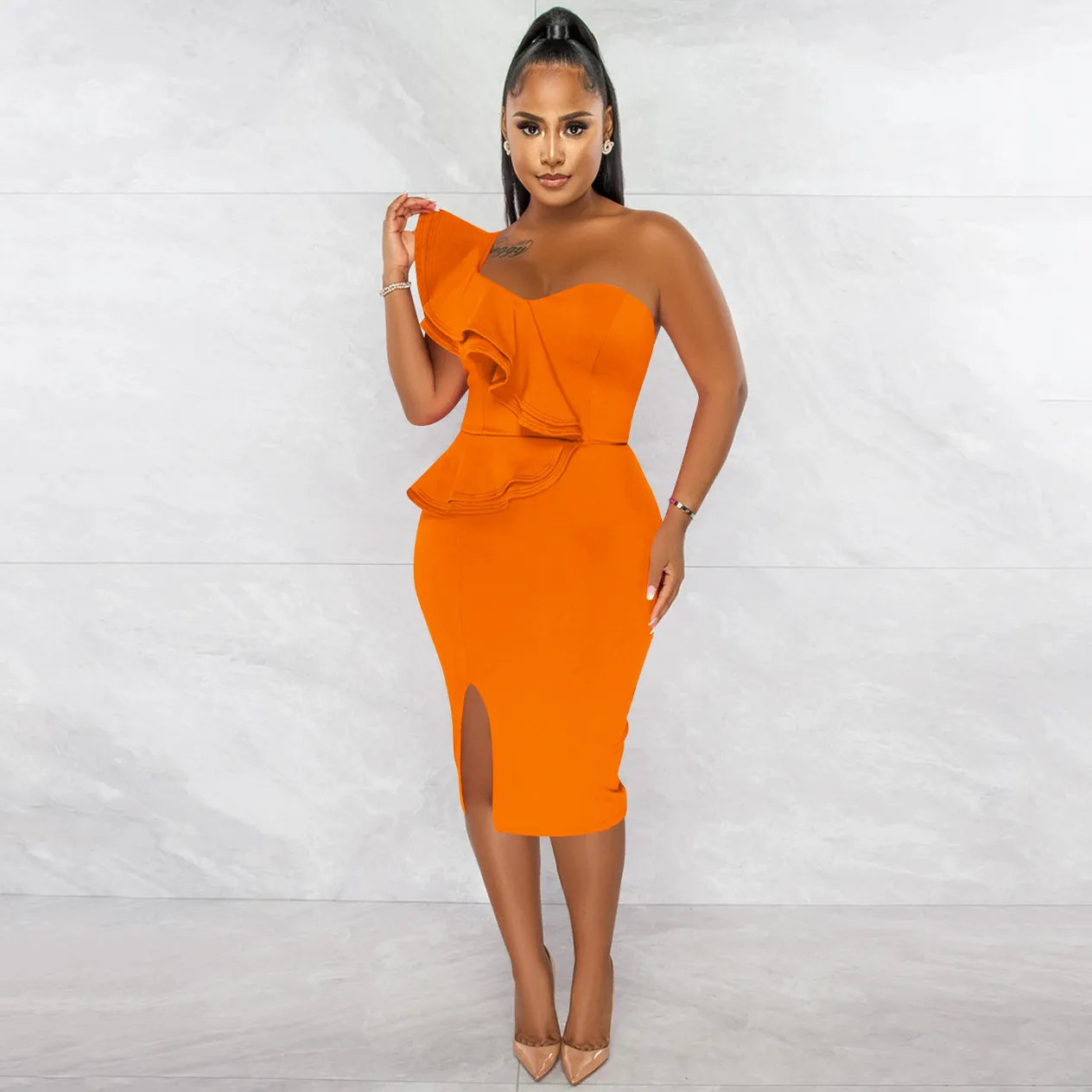 Women's Clothing fashion casual ruffled slit one shoulder sleeve dress women's clothing_voghion.com