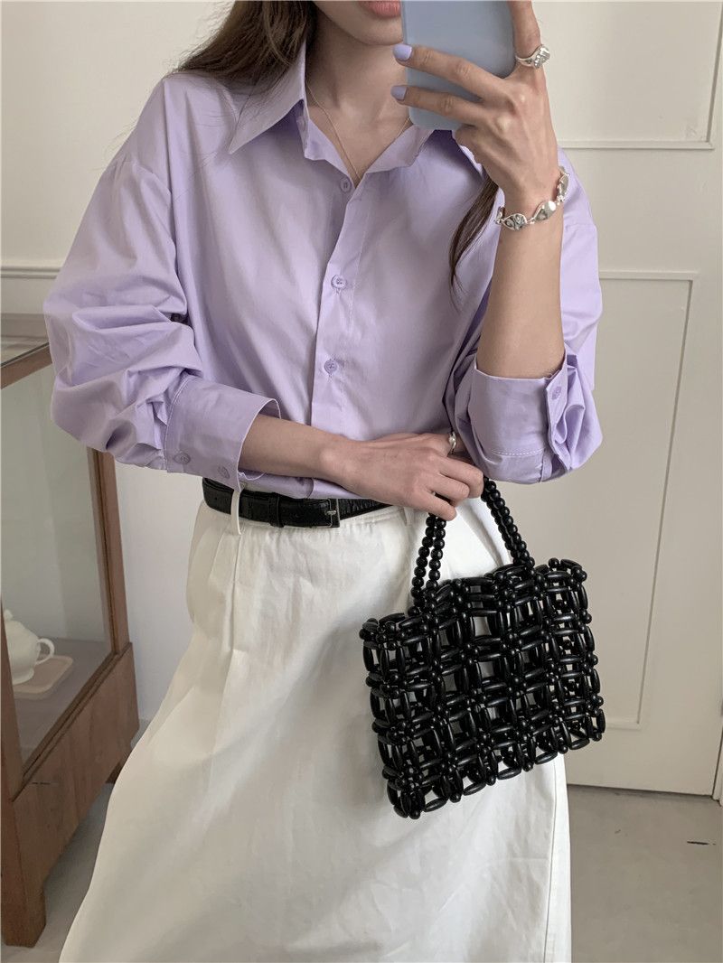 Camicia a maniche lunghe con colletto polo e risvolto di base viola taro, semplice e tinta unita, primavera/estate 2024 coreana chic per donna_voghion.com