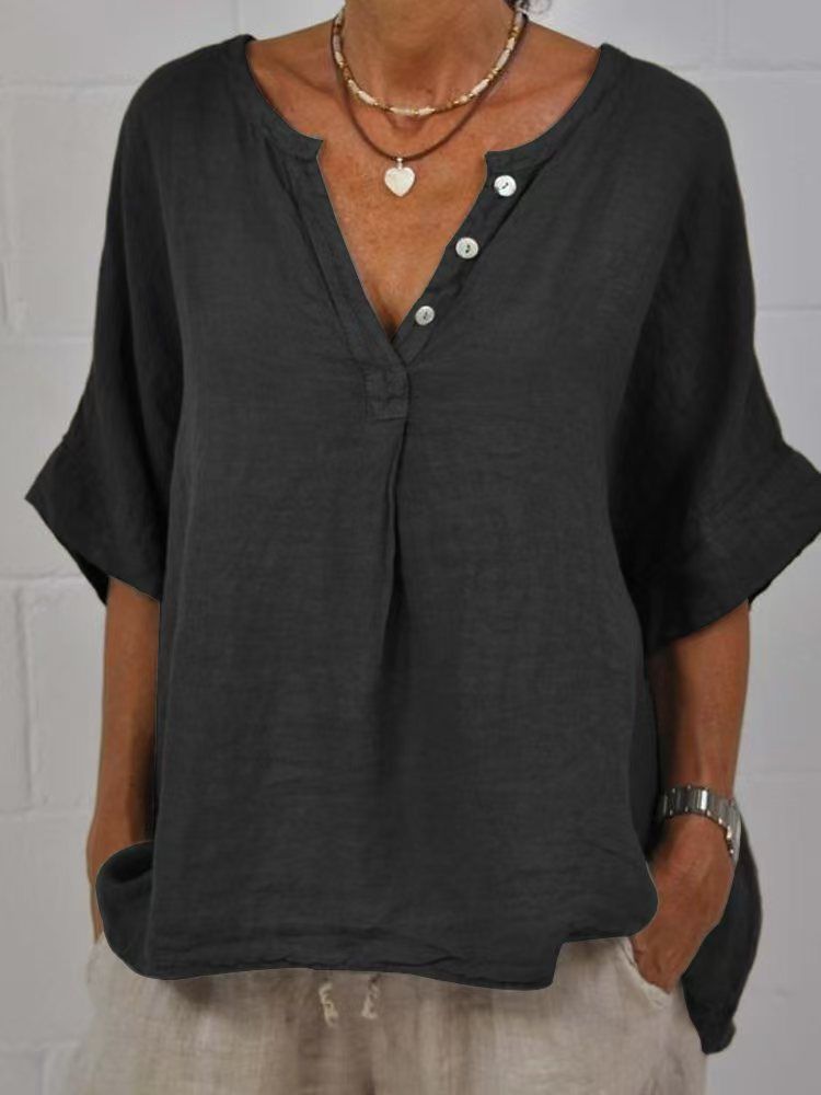 Damkläder Vår Nya Damer Casual Löst mode mellanärmar bomull och linne Enfärgad dörrrör V-ringad skjorta med knapp_voghion.com