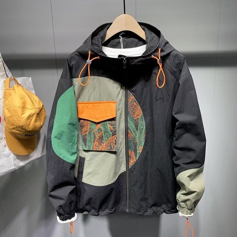 Veste patchwork à la mode de style Hong Kong pour hommes, nouvelle version coréenne 2024, veste ample et personnalisée à capuche pour hommes_voghion.com