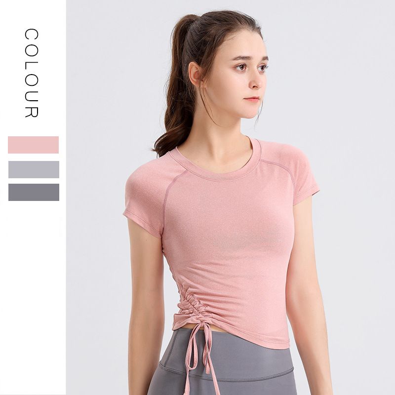 Neu Laufen Fitness T-shirt Kordelzug Slim Fit Schnell Trocknend Sportswear Yoga Anzug Top frauen Kurzarm_voghion.com