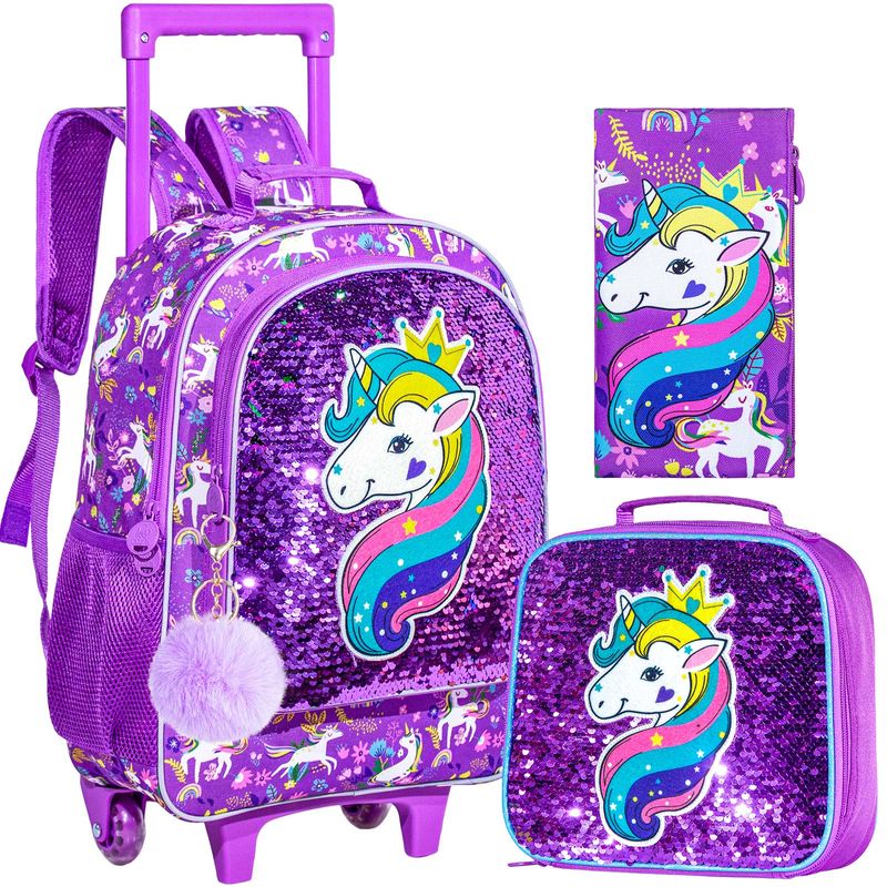 3 részes guruló hátizsák lányoknak és gyerekeknek görgős táska ebédlőtáskával és tolltáskával Unicorn mintás világító funkcióval_voghion.com