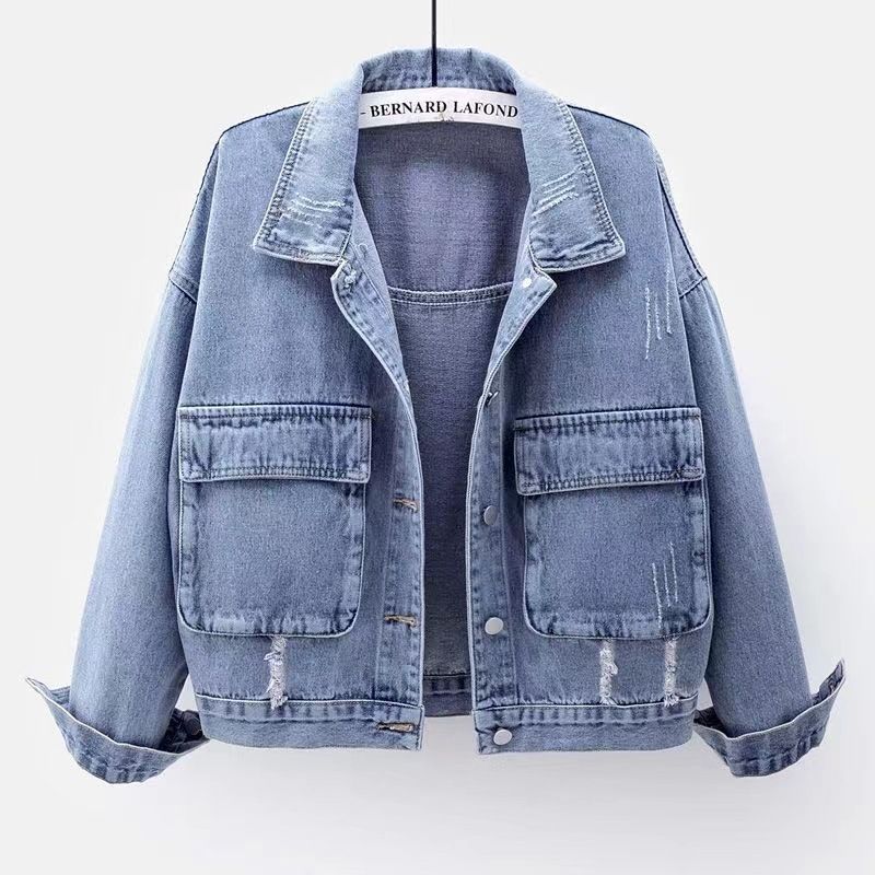 Giacca in denim oversize in stile coreano per donna – Top corto ampio con vestibilità BF e lavaggio indaco classico (S-4XL)_voghion.com