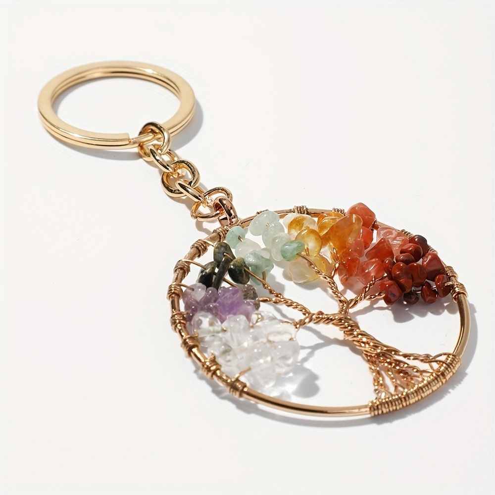 Vintage Natural 7 Color Gravel Crystal Tree Of Life Keychain Round Keychain Bag Pendant_voghion.com