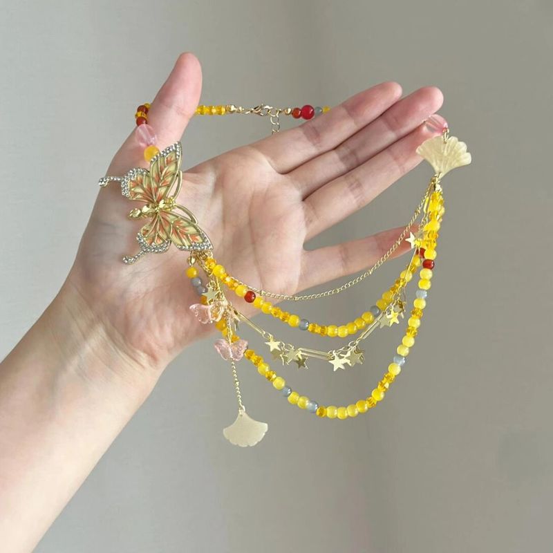Yellow Butterfly Beaded Necklace Super Fairy Spring And Summer Multi-layer Fringed Collarbone Chain_voghion.com