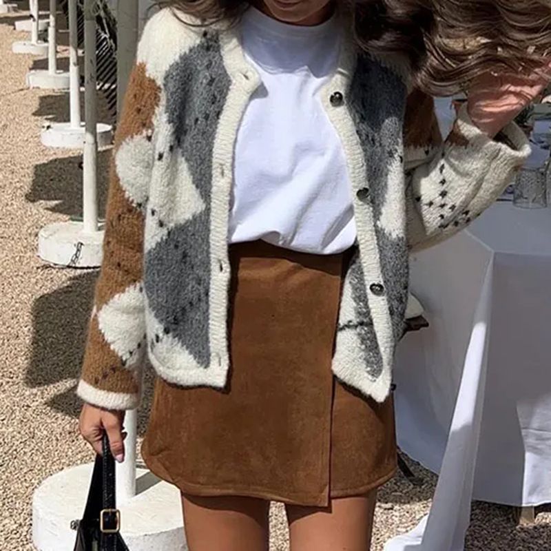 Women's Clothing autumn and winter women's knitted sweaters comfortable and casual diamond pattern single breasted multi button slim knitted cardigan_voghion.com