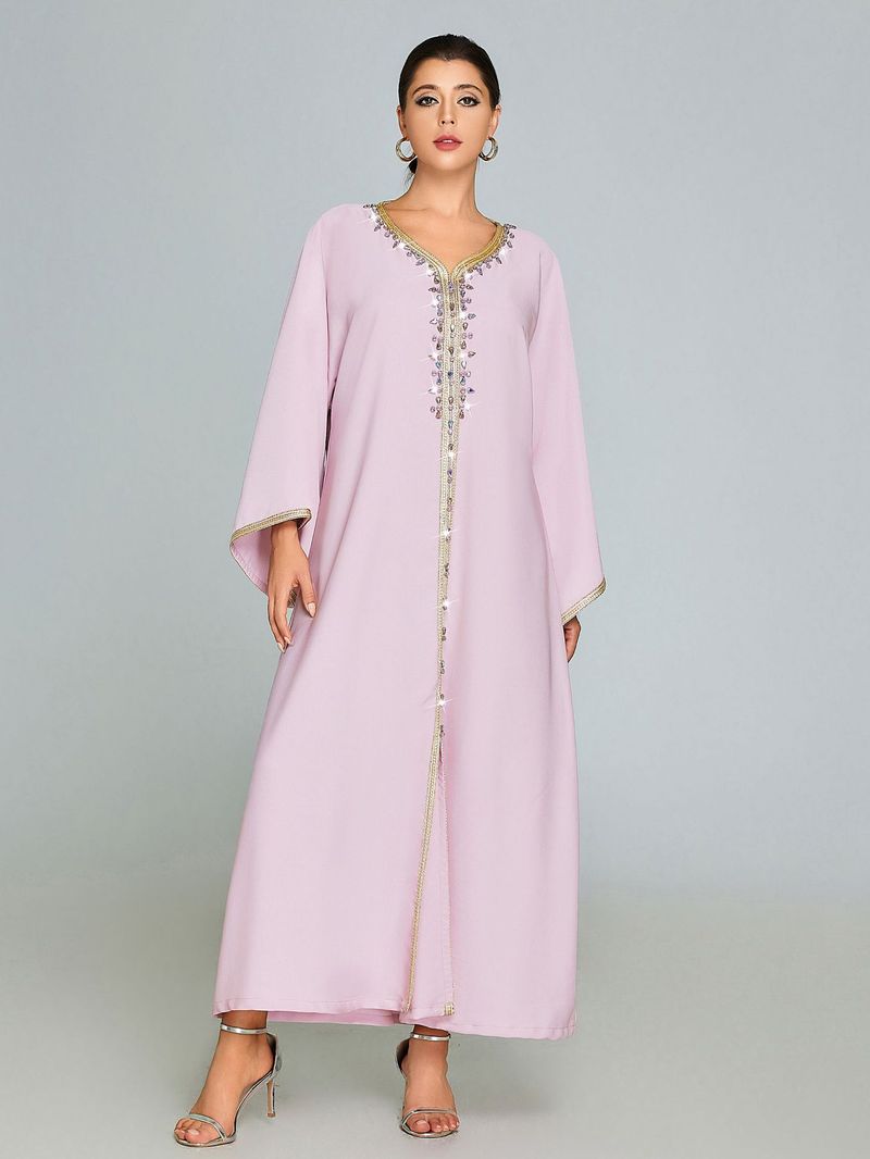 Robe longue brodée de perles à la main et manches chauve-souris – Caftan fluide et élégant pour femme, abaya bohème chic grande taille (rose, S/M/L/XL)_voghion.com