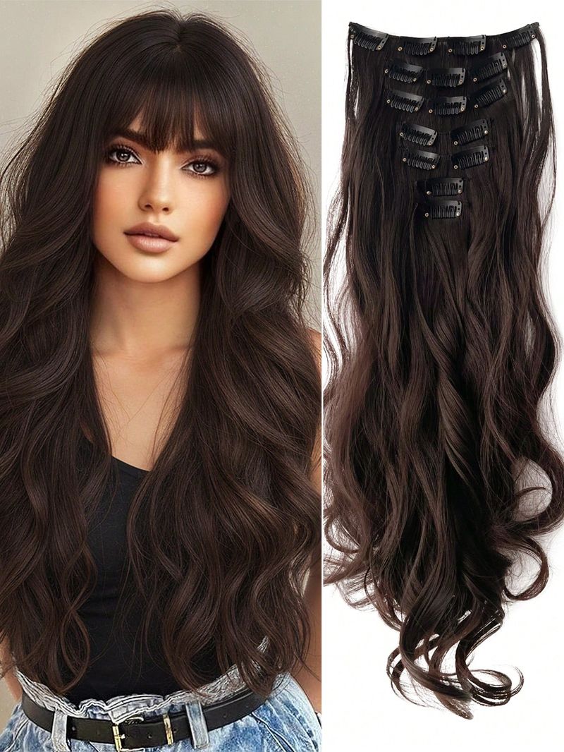 Clip-Extensions für Frauen mit Schwarz, 7 Stück, 55,9 cm, Clip-in-Haarverlängerung, gewellt, gelockt, für den ganzen Kopf, synthetische Haarverlängerung_voghion.com