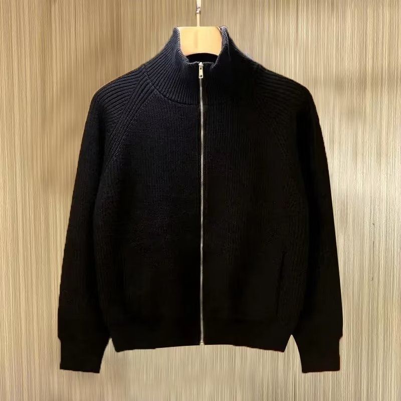 Cardigan da uomo in maglia con collo alto e cerniera, caldo maglione invernale con collo alto, traspirante ed elasticizzato, casual chic per la moda urbana._voghion.com