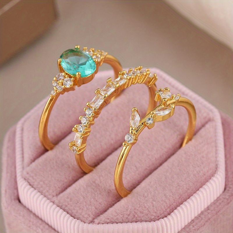 3-teiliges Set eleganter und luxuriöser Ringe aus synthetischem Zirkon, mit 14 Karat Gold überzogen, geeignet für Feiertage, Festivals, Partys, Bankette und kann verschenkt werden_voghion.com