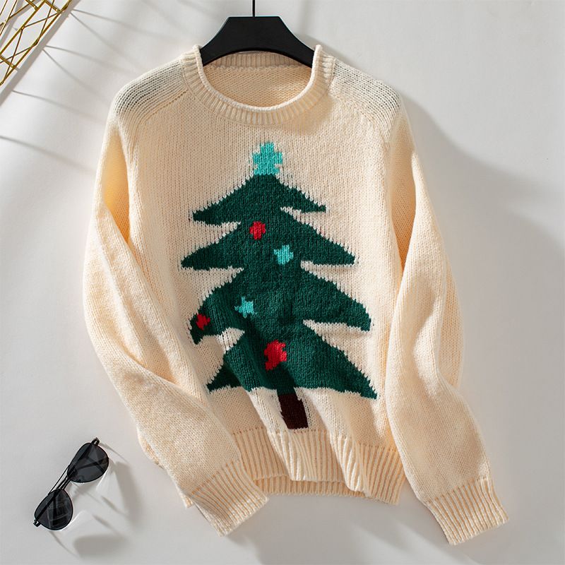 Gemütlicher Weihnachtsbaum-Strickpullover für Damen – Übergroßer Rundhalspullover für die Feiertage, weiche Polyestermischung, lässige Wintermode_voghion.com
