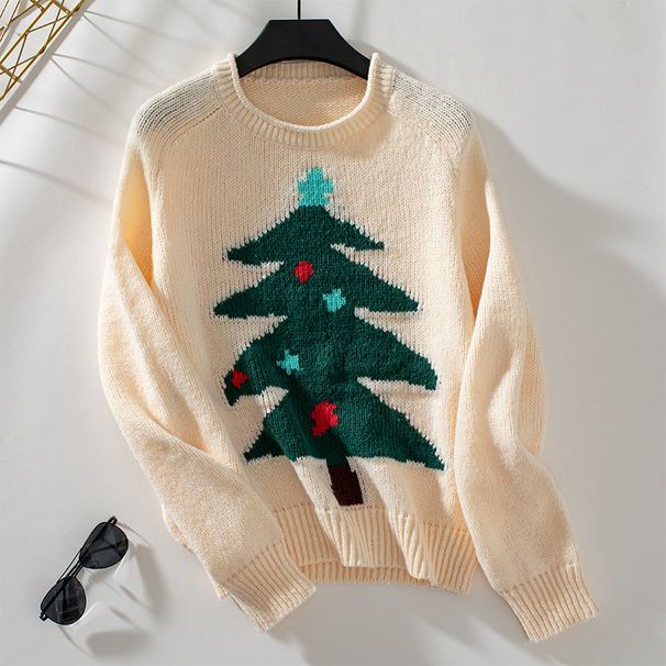 Gemütlicher Weihnachtsbaum-Strickpullover für Damen – Übergroßer Rundhalspullover für die Feiertage, weiche Polyestermischung, lässige Wintermode_voghion.com