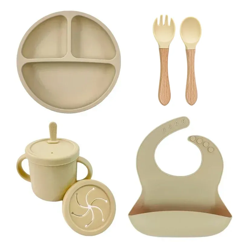 Food Grade Silicone Child Dish Set Baby Feeding Bowl Suction Plate Straw Cup Wooden Spoon Fork For Kids Tableware Toddle_voghion.com