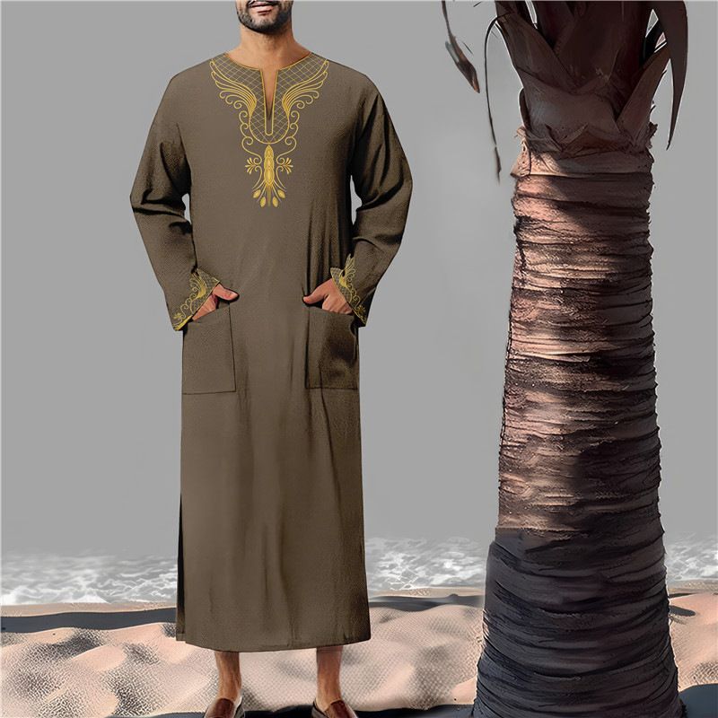 Herenkleding Moslim Lange Mouwen V-hals Ontwerp Losse Bamboe Gewaad_voghion.com