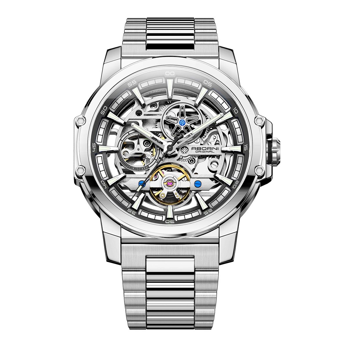 Orologio meccanico automatico scheletrato da uomo in acciaio inossidabile con lancette luminose e chiusura a farfalla. Orologio da uomo in acciaio inossidabile._voghion.com