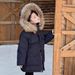 Winterparka voor kinderen met afneembare capuchon van imitatiebont – verdikte buitenkant en fleecevoering voor jongens en meisjes (120-170 cm, marineblauw/rood, winddicht en comfortabel)_voghion.com