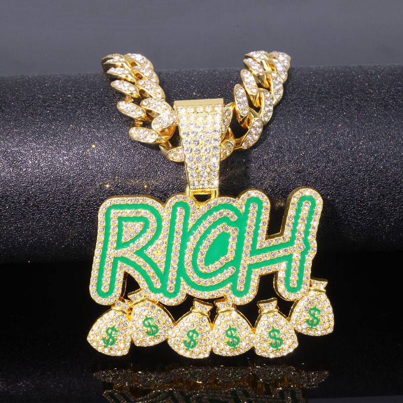 Unisex Jewelry Full Diamond RICH Letter Purse Pendant Men's Trendy Rock Hip Hop Necklace_voghion.com