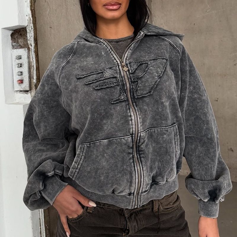Distressed Wash Hooded Sweatshirt – Punk Streetwear Oversized Zip-Up Jacket With Geometric Print_voghion.com
