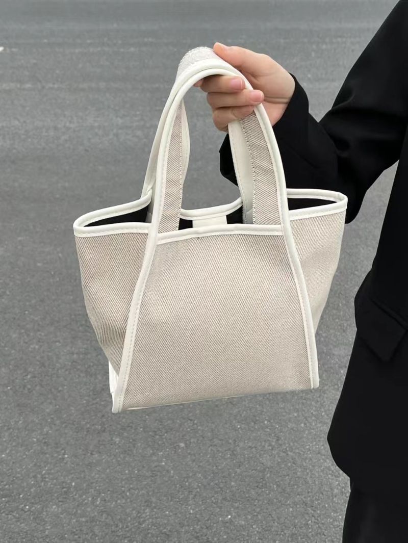 Small group women's design large capacity tote canvas bag, casual handheld vegetable basket splicing, magnetic buckle,_voghion.com