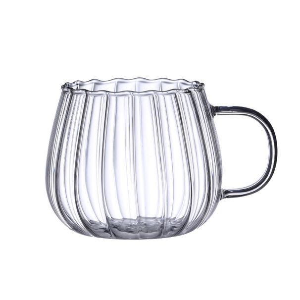Striped Borosilicate Glass Mug - 400ml Single-Wall Handle Cup For Juice & Coffee (Vibrant Colors, Vertical Ribbed Design, Playful Pumpkin Shape)_voghion.com
