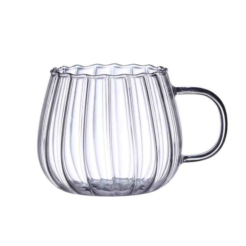 ​Striped Borosilicate Glass Mug - 400ml Single-Wall Handle Cup For Juice & Coffee (Vibrant Colors, Vertical Ribbed Design, Playful Pumpkin Shape)_voghion.com