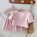 Kids Clothing Girls Clothing Small Bowknot Short Sleeves Plus Pleated Skirt Two Piece Set_voghion.com
