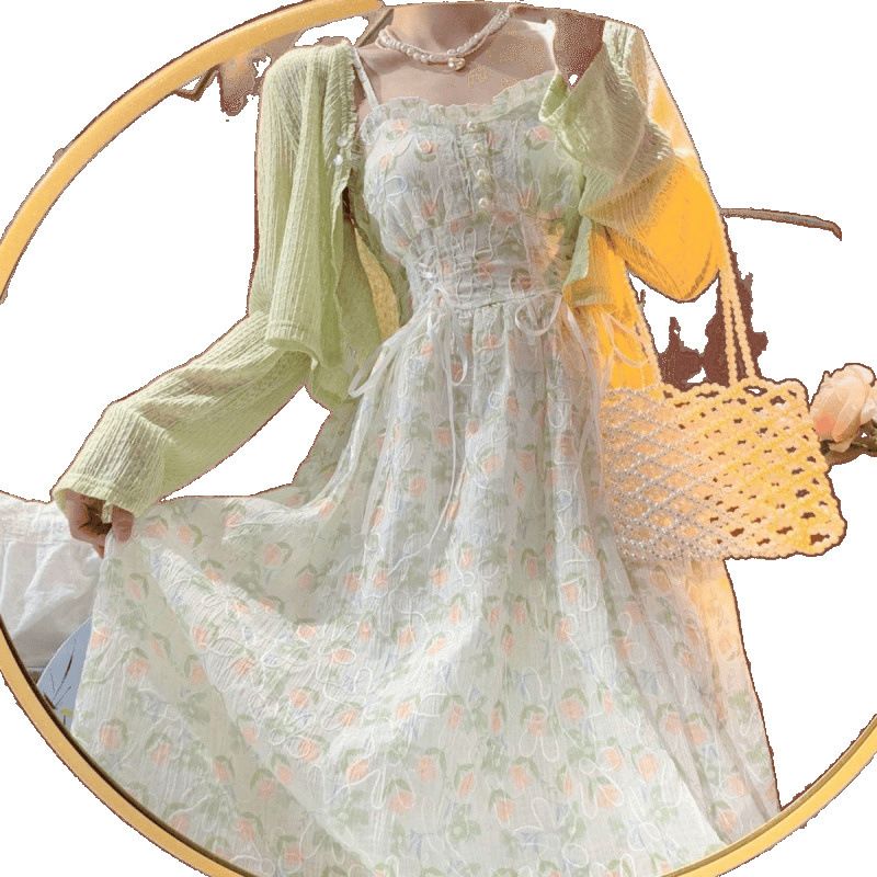 Plus Size Women's Mori Style First Love Strap Thin Sunscreen Cardigan Slimming Dress Two-Piece Set_voghion.com