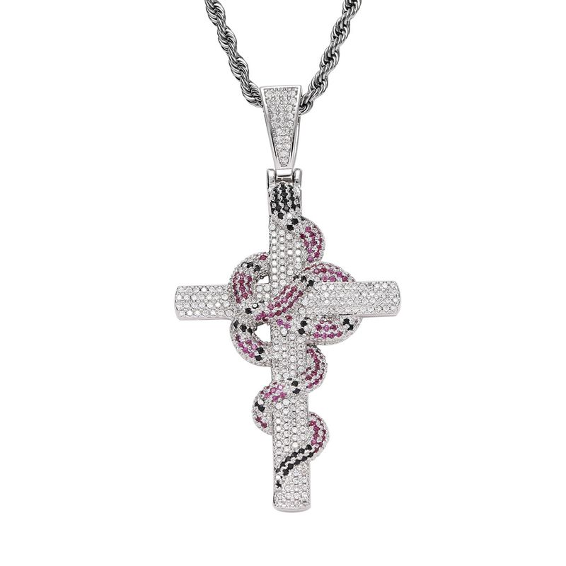 Ins necklace men's retro green cross snake pendant personality creative copper micro inlaid zircon hip hop jewelry_voghion.com