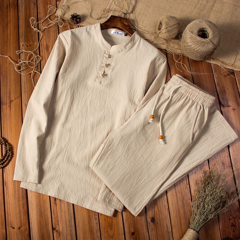 Men's Clothing Spring and Autumn New Solid Color Cotton and Linen Long Sleeved Trousers Suit Men's Large Size Loose Fashion Two Piece Suit_voghion.com