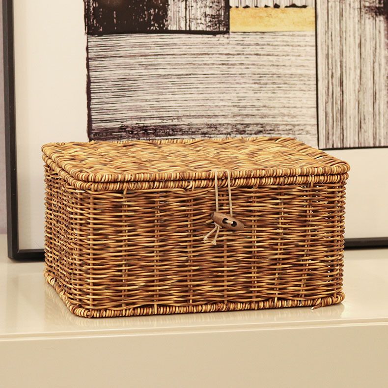 Caja de almacenamiento tejida a mano de ratán color pimienta con marco de hierro reforzado y embalaje de regalo._voghion.com