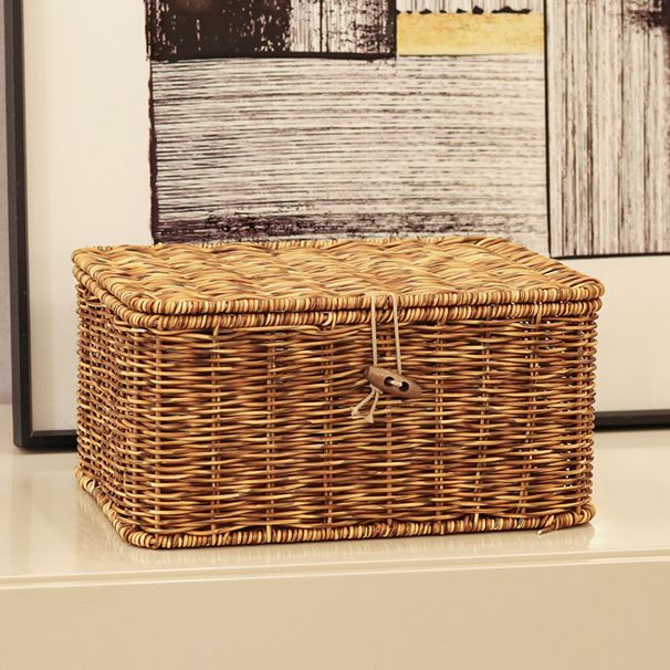 Caja de almacenamiento tejida a mano de ratán color pimienta con marco de hierro reforzado y embalaje de regalo._voghion.com