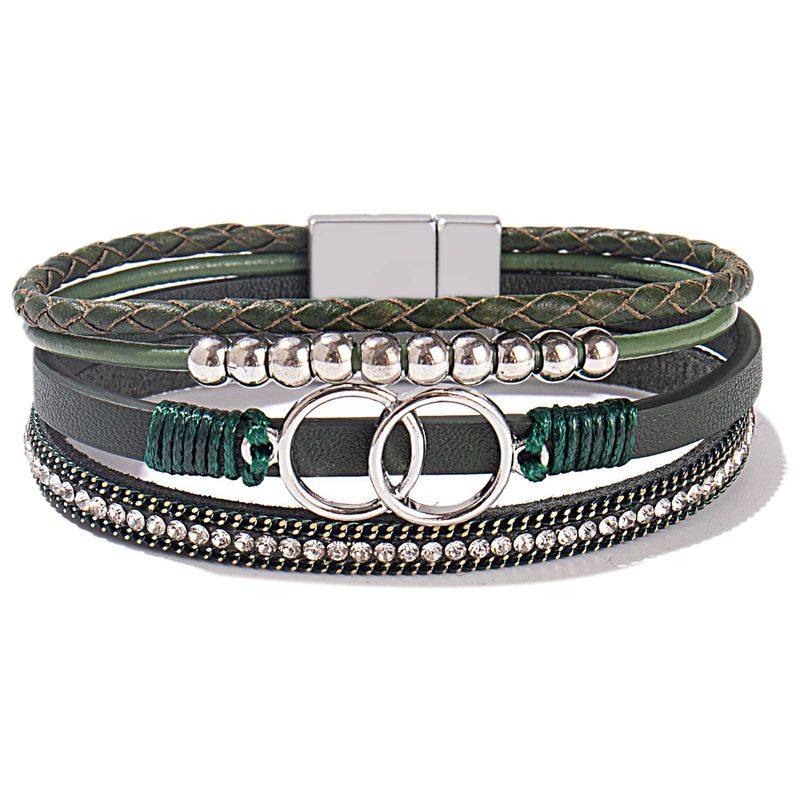 Pulsera de cuero hecha a mano para mujer - Cierre magnético doble con detalles de pedrería (estilo bohemio ajustable)_voghion.com