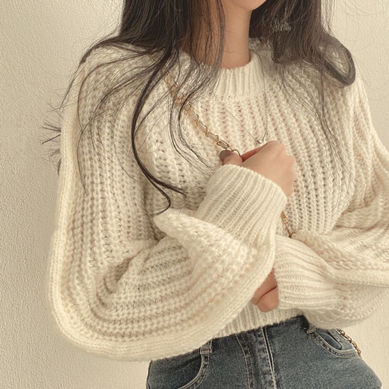​​Kurzpullover im koreanischen Stil für Damen, lässig, lockere Passform, Rundhalsausschnitt, Strickoberteil​​_voghion.com