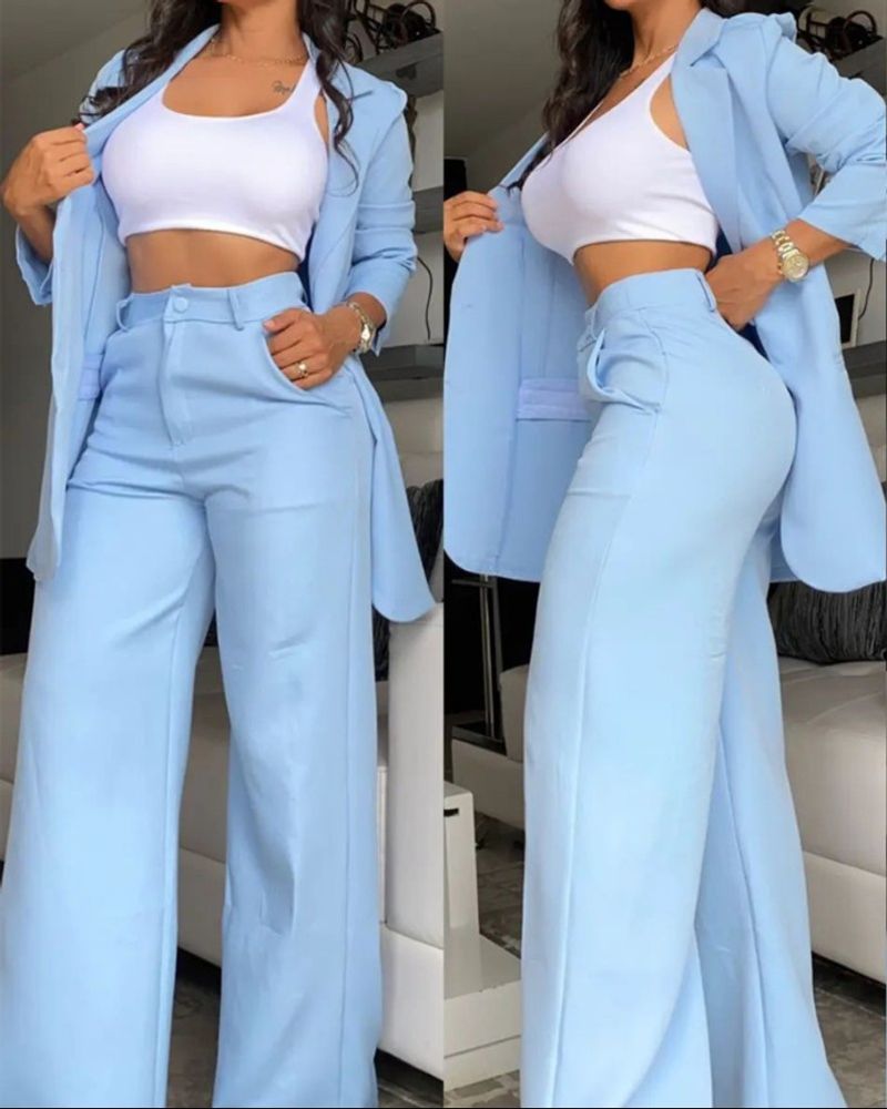 Women's Clothing, Elegant And Solid Color Split Sleeve Lapel Suit With Pockets And Straight Pants Suit_voghion.com