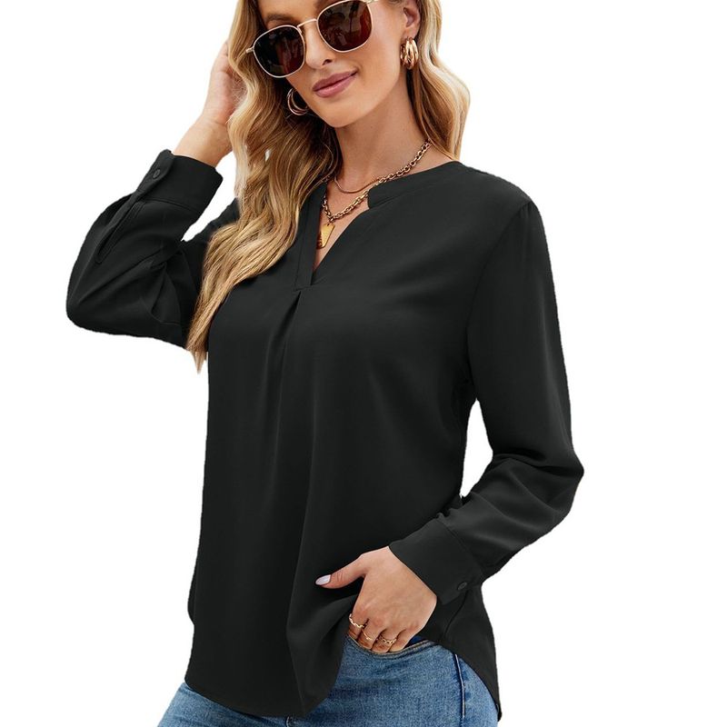 Abbigliamento da donna Camicia in chiffon solido Pullover con scollo a V allentato Maglie a maniche lunghe_voghion.com