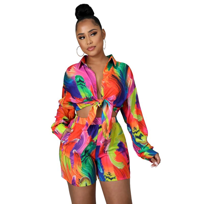 Damenbekleidung, modisches, lässiges, bedrucktes Hemd-Shorts-Zweiteiler-Set für Damen_voghion.com