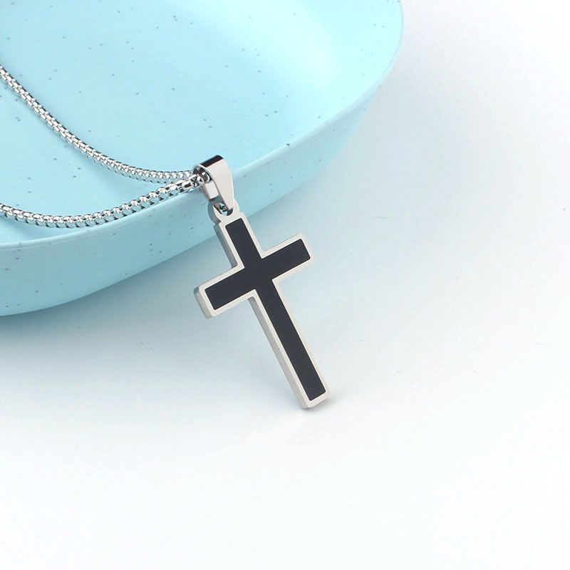 Collana Hip-Hop in Titanio con Croce Nera, Pendente a Goccia d'Olio, Semplice Felpa Unisex, Catena per Maglione, Gioiello in Acciaio Inossidabile_voghion.com