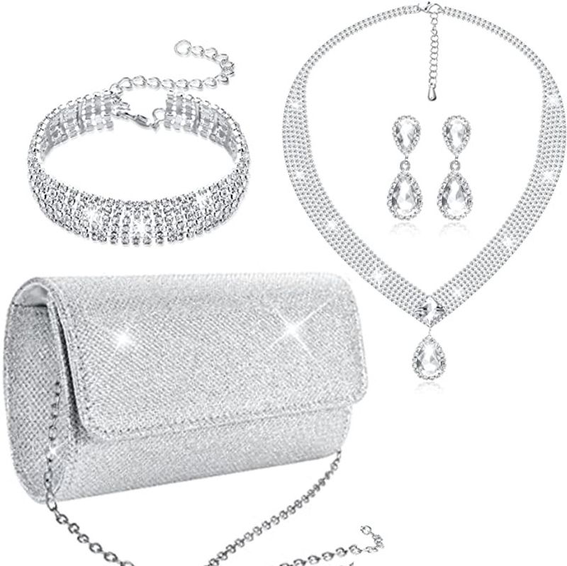 Damentaschen Braut Diamant Quadrat Box Abendtasche Schmuck Set Vierteilige Wassertropfen Zirkon Halskette Ohrringe Armband_voghion.com